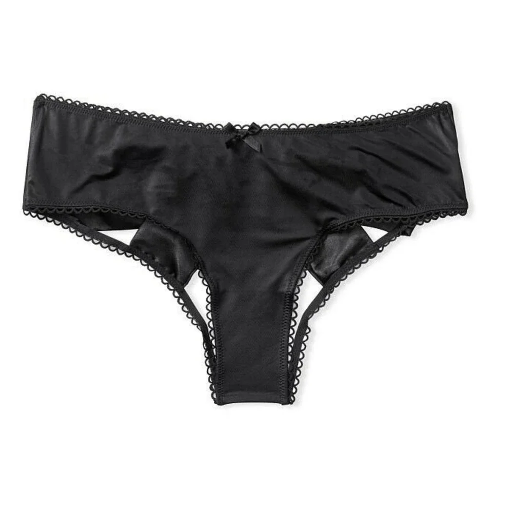 NEW VICTORIA'S SECRET VERY SEXY BLACK SATIN BOW OUVERT CHEEKY PANTY SIZE SMALL